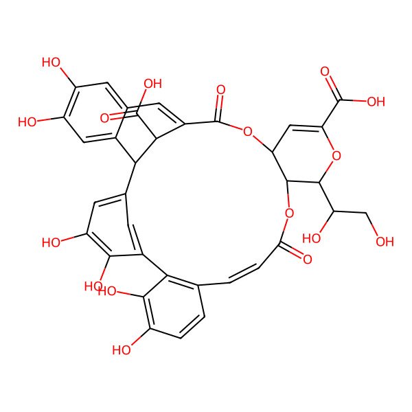 2D Structure of (1R,13E,17R,18R,22R,33S)-18-[(1S)-1,2-dihydroxyethyl]-4,5,8,9,29,30-hexahydroxy-15,24-dioxo-16,19,23-trioxahexacyclo[23.7.1.12,6.07,12.017,22.027,32]tetratriaconta-2(34),3,5,7(12),8,10,13,20,25,27,29,31-dodecaene-20,33-dicarboxylic acid