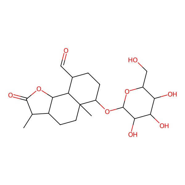 2D Structure of (3S,3aS,5aR,6R,9R,9aS,9bS)-3,5a-dimethyl-2-oxo-6-[(2S,3R,4S,5S,6R)-3,4,5-trihydroxy-6-(hydroxymethyl)oxan-2-yl]oxy-3,3a,4,5,6,7,8,9,9a,9b-decahydrobenzo[g][1]benzofuran-9-carbaldehyde
