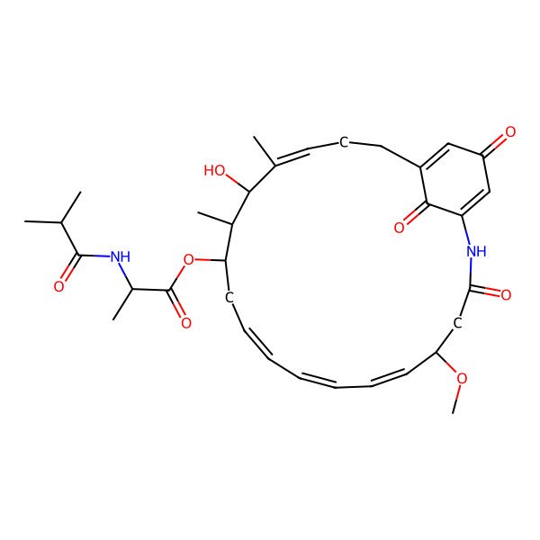 2D Structure of [(5R,6E,8E,10E,13S,14S,15R,16E)-15-hydroxy-5-methoxy-14,16-dimethyl-3,22,24-trioxo-2-azabicyclo[18.3.1]tetracosa-1(23),6,8,10,16,20-hexaen-13-yl] (2R)-2-(2-methylpropanoylamino)propanoate