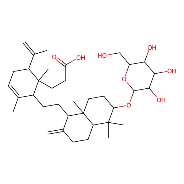 2D Structure of 3-[(1S,2S,6S)-2-[2-[(1S,4aR,6S,8aR)-5,5,8a-trimethyl-2-methylidene-6-[(2R,3R,4S,5S,6R)-3,4,5-trihydroxy-6-(hydroxymethyl)oxan-2-yl]oxy-3,4,4a,6,7,8-hexahydro-1H-naphthalen-1-yl]ethyl]-1,3-dimethyl-6-prop-1-en-2-ylcyclohex-3-en-1-yl]propanoic acid