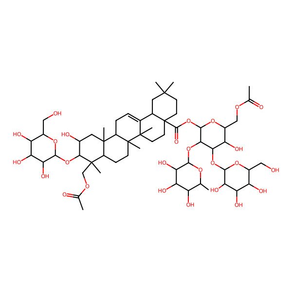 2D Structure of [(2S,3R,4S,5R,6R)-6-(acetyloxymethyl)-5-hydroxy-4-[(2S,3R,4S,5R,6R)-3,4,5-trihydroxy-6-(hydroxymethyl)oxan-2-yl]oxy-3-[(2S,3R,4R,5R,6S)-3,4,5-trihydroxy-6-methyloxan-2-yl]oxyoxan-2-yl] (4aS,6aR,6aS,6bR,8aR,9R,10R,11S,12aR,14bS)-9-(acetyloxymethyl)-11-hydroxy-2,2,6a,6b,9,12a-hexamethyl-10-[(2R,3R,4S,5S,6R)-3,4,5-trihydroxy-6-(hydroxymethyl)oxan-2-yl]oxy-1,3,4,5,6,6a,7,8,8a,10,11,12,13,14b-tetradecahydropicene-4a-carboxylate