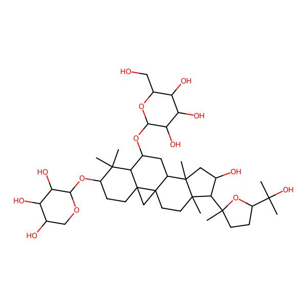 2D Structure of (2R,3R,4S,5R,6R)-2-[[(1S,3R,6S,8R,9S,11S,12S,14S,15R,16R)-14-hydroxy-15-[(2R,5S)-5-(2-hydroxypropan-2-yl)-2-methyloxolan-2-yl]-7,7,12,16-tetramethyl-6-[(2S,3R,4S,5R)-3,4,5-trihydroxyoxan-2-yl]oxy-9-pentacyclo[9.7.0.01,3.03,8.012,16]octadecanyl]oxy]-6-(hydroxymethyl)oxane-3,4,5-triol