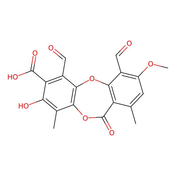 2D Structure of 4,6-Diformyl-8-hydroxy-3-methoxy-1,9-dimethyl-11-oxo-11H-dibenzo[b,e][1,4]dioxepin-7-carbonsaeure