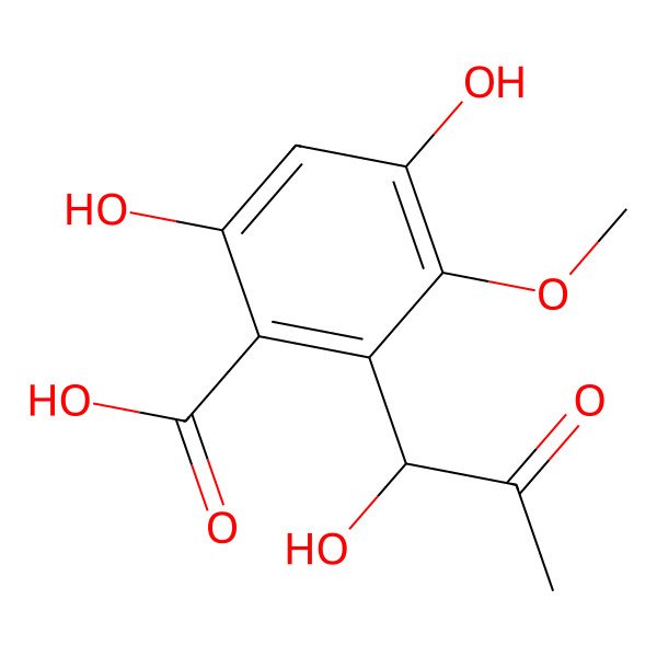 2D Structure of 4,6-dihydroxy-2-[(1R)-1-hydroxy-2-oxopropyl]-3-methoxybenzoic acid