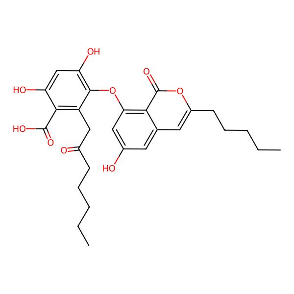2D Structure of 4,6-Dihydroxy-3-(6-hydroxy-1-oxo-3-pentylisochromen-8-yl)oxy-2-(2-oxoheptyl)benzoic acid