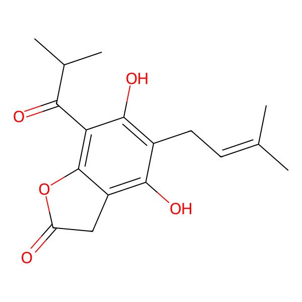 2D Structure of 4,6-dihydroxy-5-(3-methylbut-2-enyl)-7-(2-methylpropanoyl)-3H-1-benzofuran-2-one 2D Structure of 4,6-dihydroxy-5-(3-methylbut-2-enyl)-7-(2-methylpropanoyl)-3H-1-benzofuran-2-one