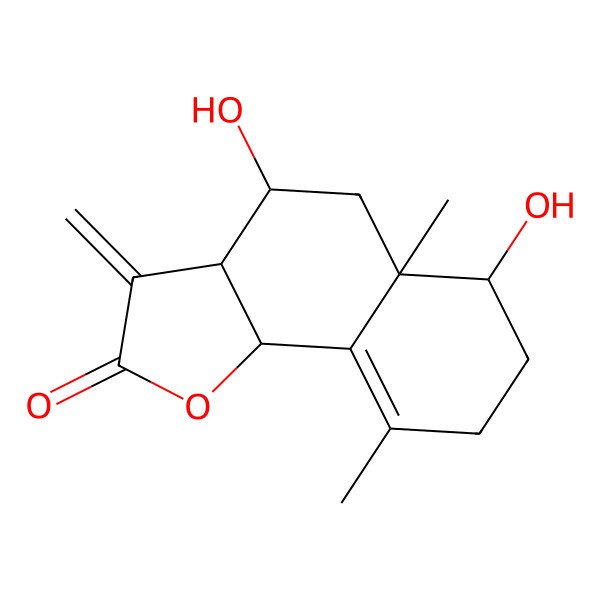2D Structure of 4,6-dihydroxy-5a,9-dimethyl-3-methylidene-4,5,6,7,8,9b-hexahydro-3aH-benzo[g][1]benzofuran-2-one