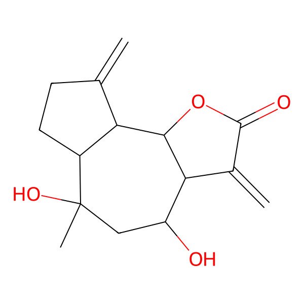 2D Structure of 4,6-Dihydroxy-6-methyl-3,9-dimethylidene-3a,4,5,6a,7,8,9a,9b-octahydroazuleno[4,5-b]furan-2-one