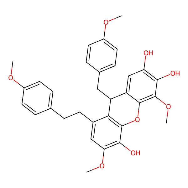 2D Structure of 4,6-dimethoxy-9-(4-methoxybenzyl)-8-(2-(4-methoxyphenyl)ethyl)-9H-xanthene-2,3,5-triol