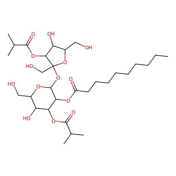 2D Structure of [(2R,3R,4S,5R,6R)-5-hydroxy-2-[(2S,3S,4R,5R)-4-hydroxy-2,5-bis(hydroxymethyl)-3-(2-methylpropanoyloxy)oxolan-2-yl]oxy-6-(hydroxymethyl)-4-(2-methylpropanoyloxy)oxan-3-yl] decanoate