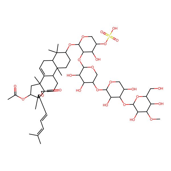 2D Structure of [(2S,4S,5R,6R,9S,12R,13R,16S,18R)-16-[(2S,3R,4R,5R)-3-[(2S,3R,4R,5R)-5-[(2S,3R,4S,5R)-4-[(2S,3R,4S,5R,6R)-3,5-dihydroxy-6-(hydroxymethyl)-4-methoxyoxan-2-yl]oxy-3,5-dihydroxyoxan-2-yl]oxy-3,4-dihydroxyoxan-2-yl]oxy-4-hydroxy-5-sulfooxyoxan-2-yl]oxy-2,6,13,17,17-pentamethyl-6-[(1Z)-4-methylpenta-1,3-dienyl]-8-oxo-7-oxapentacyclo[10.8.0.02,9.05,9.013,18]icos-1(20)-en-4-yl] acetate