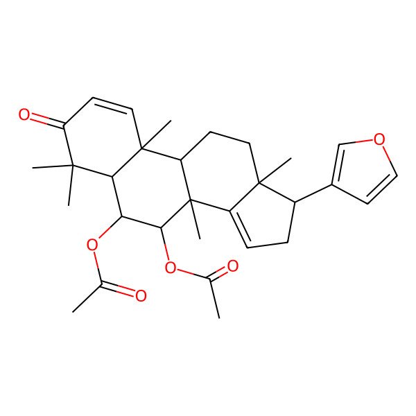 2D Structure of [(5R,6S,7S,8R,9R,10R,13S,17R)-7-acetyloxy-17-(furan-3-yl)-4,4,8,10,13-pentamethyl-3-oxo-5,6,7,9,11,12,16,17-octahydrocyclopenta[a]phenanthren-6-yl] acetate