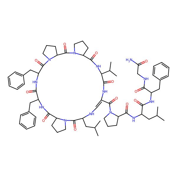 2D Structure of (2S)-N-[(2S)-1-[[(2S)-1-[(2-amino-2-oxoethyl)amino]-1-oxo-3-phenylpropan-2-yl]amino]-4-methyl-1-oxopentan-2-yl]-1-[(3S,9S,12S,15S,21S,23Z,27S,30S)-9,12-dibenzyl-21-(2-methylpropyl)-2,8,11,14,20,26,29-heptaoxo-27-propan-2-yl-1,7,10,13,19,22,25,28-octazatetracyclo[28.3.0.03,7.015,19]tritriacont-23-ene-24-carbonyl]pyrrolidine-2-carboxamide