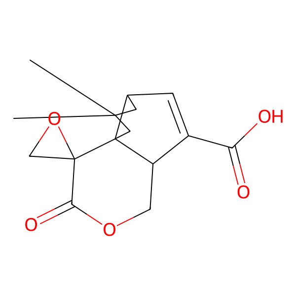 2D Structure of 8,8-dimethyl-2-oxospiro[4a,6a,7,9-tetrahydro-4H-pentaleno[1,6a-c]pyran-1,2'-oxirane]-5-carboxylic acid