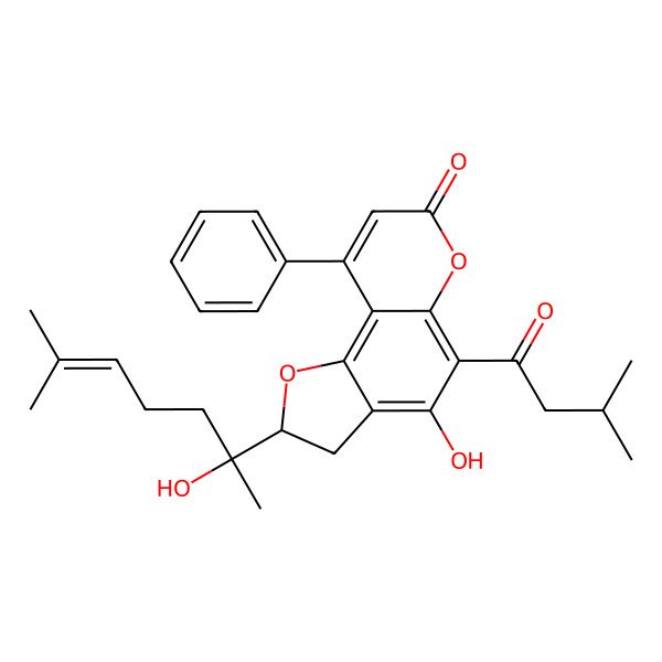 2D Structure of (2S)-4-hydroxy-2-[(2S)-2-hydroxy-6-methylhept-5-en-2-yl]-5-(3-methylbutanoyl)-9-phenyl-2,3-dihydrofuro[2,3-f]chromen-7-one