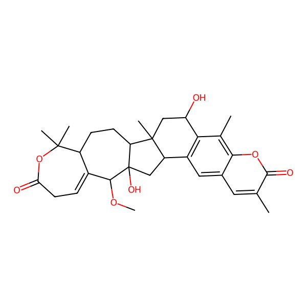 2D Structure of 13,26-Dihydroxy-12-methoxy-1,6,6,20,24-pentamethyl-7,22-dioxahexacyclo[13.12.0.02,13.05,11.016,25.018,23]heptacosa-10,16(25),17,19,23-pentaene-8,21-dione
