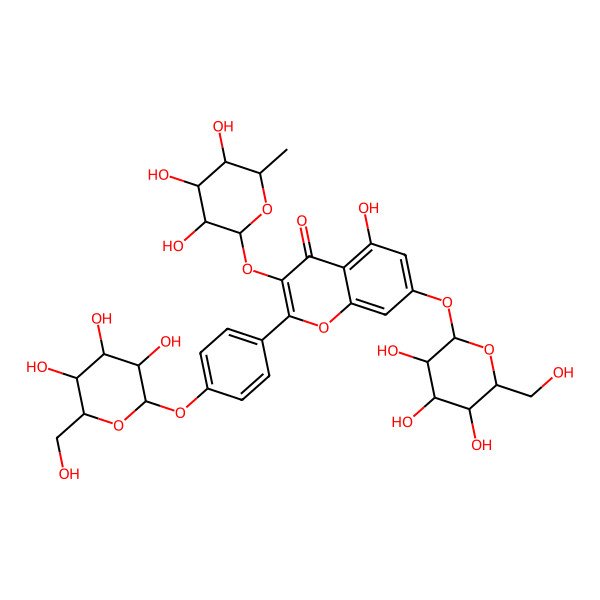 2D Structure of 5-hydroxy-7-[(2S,3R,4S,5R,6R)-3,4,5-trihydroxy-6-(hydroxymethyl)oxan-2-yl]oxy-2-[4-[(2S,3S,4R,5R,6R)-3,4,5-trihydroxy-6-(hydroxymethyl)oxan-2-yl]oxyphenyl]-3-[(2S,3S,4R,5R,6S)-3,4,5-trihydroxy-6-methyloxan-2-yl]oxychromen-4-one