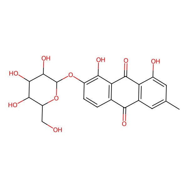 2D Structure of 1,8-dihydroxy-6-methyl-2-[(2S,3R,4S,5S,6R)-3,4,5-trihydroxy-6-(hydroxymethyl)oxan-2-yl]oxyanthracene-9,10-dione