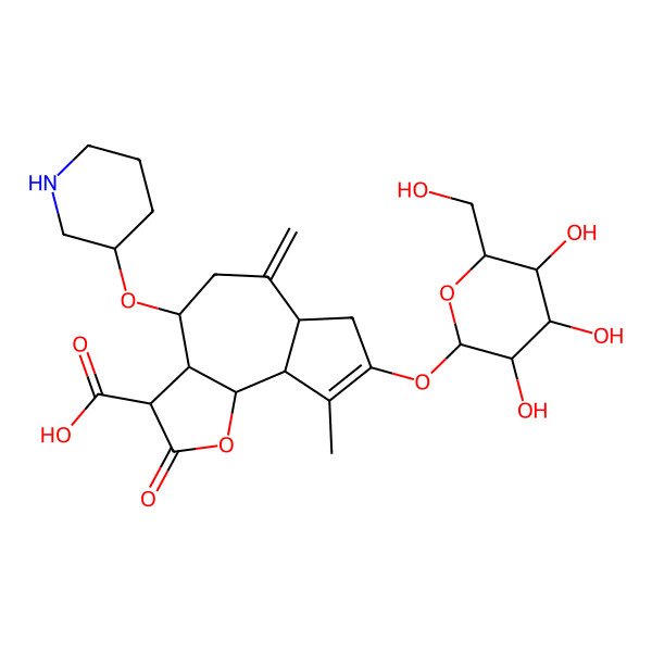 2D Structure of 9-Methyl-6-methylidene-2-oxo-4-piperidin-3-yloxy-8-[3,4,5-trihydroxy-6-(hydroxymethyl)oxan-2-yl]oxy-3,3a,4,5,6a,7,9a,9b-octahydroazuleno[4,5-b]furan-3-carboxylic acid