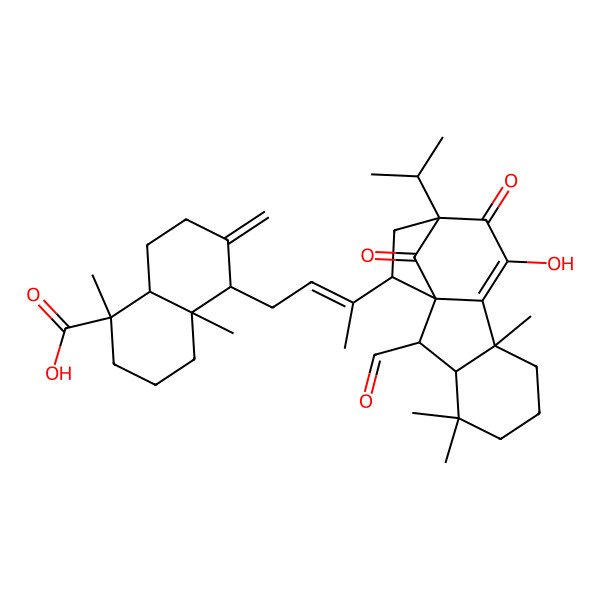 2D Structure of (1R,4aR,5S,8aR)-5-[(Z)-3-[(1S,2R,3S,8S,12S,14R)-2-formyl-10-hydroxy-4,4,8-trimethyl-11,15-dioxo-12-propan-2-yl-14-tetracyclo[10.2.1.01,9.03,8]pentadec-9-enyl]but-2-enyl]-1,4a-dimethyl-6-methylidene-3,4,5,7,8,8a-hexahydro-2H-naphthalene-1-carboxylic acid