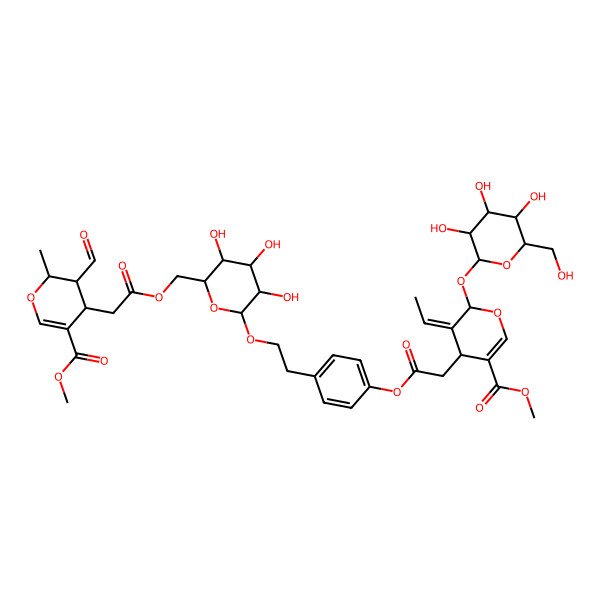 2D Structure of methyl (4S,5E,6R)-5-ethylidene-4-[2-[4-[2-[(2R,3R,4S,5S,6R)-6-[[2-[(2R,3S,4S)-3-formyl-5-methoxycarbonyl-2-methyl-3,4-dihydro-2H-pyran-4-yl]acetyl]oxymethyl]-3,4,5-trihydroxyoxan-2-yl]oxyethyl]phenoxy]-2-oxoethyl]-6-[(2S,3R,4S,5S,6R)-3,4,5-trihydroxy-6-(hydroxymethyl)oxan-2-yl]oxy-4H-pyran-3-carboxylate