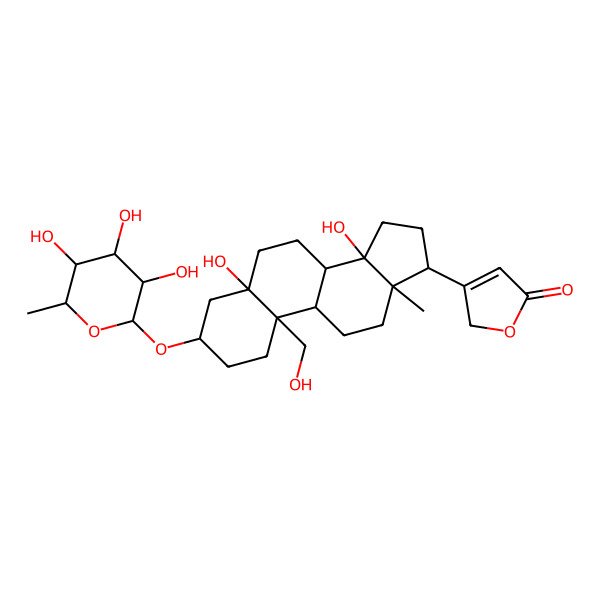 2D Structure of 3-[(3S,5S,8R,9S,10R,13R,14S,17R)-5,14-dihydroxy-10-(hydroxymethyl)-13-methyl-3-[(2S,3R,4R,5R,6S)-3,4,5-trihydroxy-6-methyloxan-2-yl]oxy-2,3,4,6,7,8,9,11,12,15,16,17-dodecahydro-1H-cyclopenta[a]phenanthren-17-yl]-2H-furan-5-one