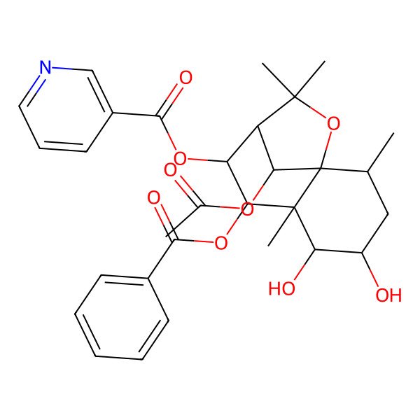 2D Structure of (12-Acetyloxy-7-benzoyloxy-4,5-dihydroxy-2,6,10,10-tetramethyl-11-oxatricyclo[7.2.1.01,6]dodecan-8-yl) pyridine-3-carboxylate