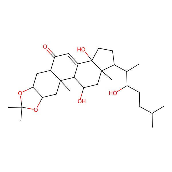 2D Structure of (1R,2R,4S,8R,10R,14S,17R,18R,20R)-14,20-dihydroxy-17-[(2S,3R)-3-hydroxy-6-methylheptan-2-yl]-2,6,6,18-tetramethyl-5,7-dioxapentacyclo[11.7.0.02,10.04,8.014,18]icos-12-en-11-one