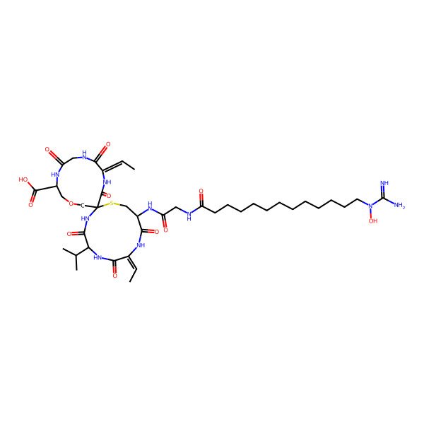 2D Structure of (6Z,15Z)-3-[[2-[13-[carbamimidoyl(hydroxy)amino]tridecanoylamino]acetyl]amino]-6,15-di(ethylidene)-4,7,10,13,16,19-hexaoxo-9-propan-2-yl-23-oxa-1-thia-5,8,11,14,17,20-hexazaspiro[11.12]tetracosane-21-carboxylic acid