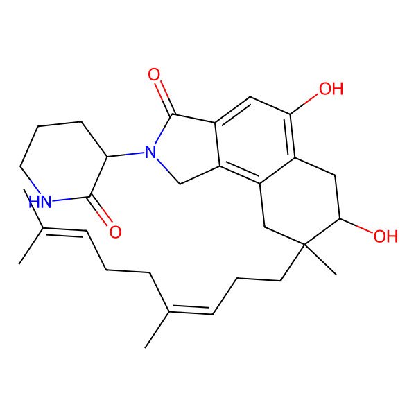 2D Structure of 8-(4,8-Dimethylnona-3,7-dienyl)-5,7-dihydroxy-8-methyl-2-(2-oxopiperidin-3-yl)-1,6,7,9-tetrahydrobenzo[e]isoindol-3-one