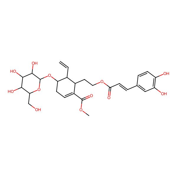 2D Structure of methyl (4R,5R,6S)-6-[2-[(E)-3-(3,4-dihydroxyphenyl)prop-2-enoyl]oxyethyl]-5-ethenyl-4-[(2R,3R,4S,5S,6R)-3,4,5-trihydroxy-6-(hydroxymethyl)oxan-2-yl]oxycyclohexene-1-carboxylate