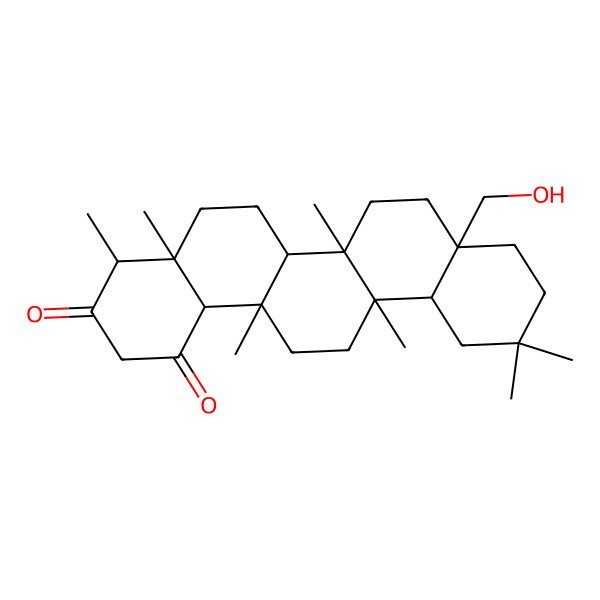 2D Structure of (4R,4aR,6aS,6aS,6bR,8aS,12aS,14aR,14bS)-8a-(hydroxymethyl)-4,4a,6a,6b,11,11,14a-heptamethyl-5,6,6a,7,8,9,10,12,12a,13,14,14b-dodecahydro-4H-picene-1,3-dione 2D Structure of (4R,4aR,6aS,6aS,6bR,8aS,12aS,14aR,14bS)-8a-(hydroxymethyl)-4,4a,6a,6b,11,11,14a-heptamethyl-5,6,6a,7,8,9,10,12,12a,13,14,14b-dodecahydro-4H-picene-1,3-dione