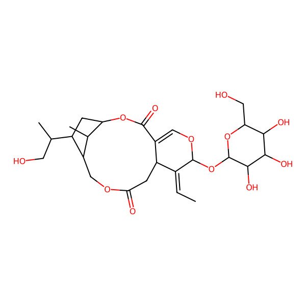 2D Structure of 8-Ethylidene-15-(1-hydroxypropan-2-yl)-17-methyl-7-[3,4,5-trihydroxy-6-(hydroxymethyl)oxan-2-yl]oxy-2,6,12-trioxatricyclo[12.2.1.04,9]heptadec-4-ene-3,11-dione
