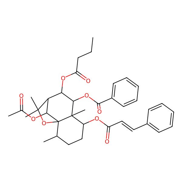 2D Structure of [(1S,2R,5S,6S,7S,8R,9R,12R)-12-acetyloxy-8-butanoyloxy-2,6,10,10-tetramethyl-5-[(E)-3-phenylprop-2-enoyl]oxy-11-oxatricyclo[7.2.1.01,6]dodecan-7-yl] benzoate
