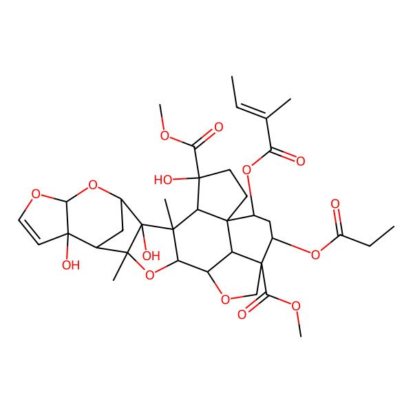 2D Structure of dimethyl (1S,4R,6S,7R,8S,14S,15S,16R,18S,19R,22S,23R,25S,26R)-4,7,14-trihydroxy-6,16-dimethyl-25-[(E)-2-methylbut-2-enoyl]oxy-23-propanoyloxy-9,11,17,20-tetraoxaoctacyclo[17.6.1.18,15.01,5.06,18.07,16.010,14.022,26]heptacos-12-ene-4,22-dicarboxylate