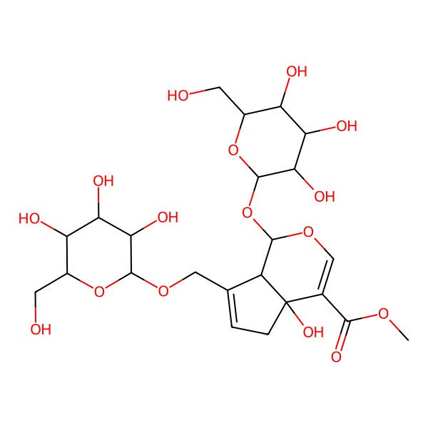 2D Structure of methyl (1S,4aR,7aR)-4a-hydroxy-1-[(2R,3R,4S,5S,6R)-3,4,5-trihydroxy-6-(hydroxymethyl)oxan-2-yl]oxy-7-[[(2R,3R,4S,5S,6R)-3,4,5-trihydroxy-6-(hydroxymethyl)oxan-2-yl]oxymethyl]-5,7a-dihydro-1H-cyclopenta[c]pyran-4-carboxylate
