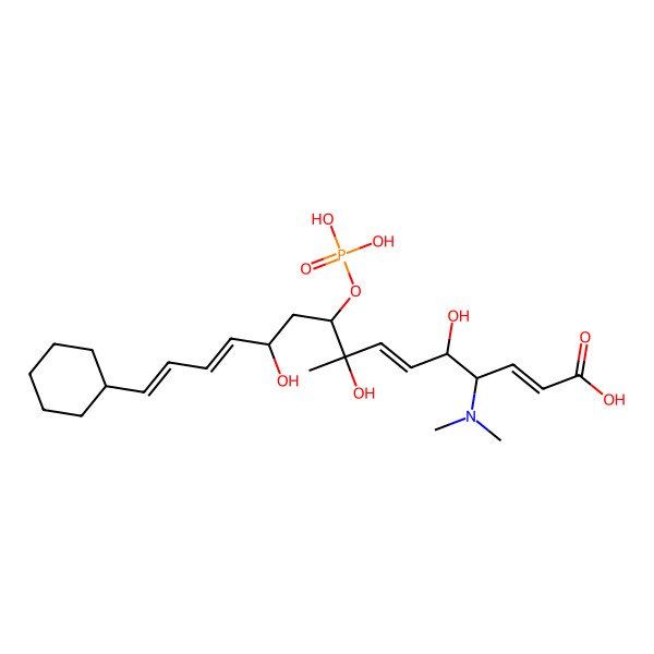 2D Structure of 15-Cyclohexyl-4-(dimethylamino)-5,8,11-trihydroxy-8-methyl-9-phosphonooxypentadeca-2,6,12,14-tetraenoic acid