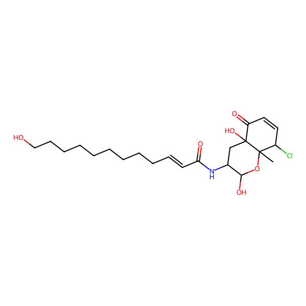 2D Structure of N-[(2R,3S,4aS,8R,8aR)-8-chloro-2,4a-dihydroxy-8a-methyl-5-oxo-2,3,4,8-tetrahydrochromen-3-yl]-12-hydroxydodec-2-enamide