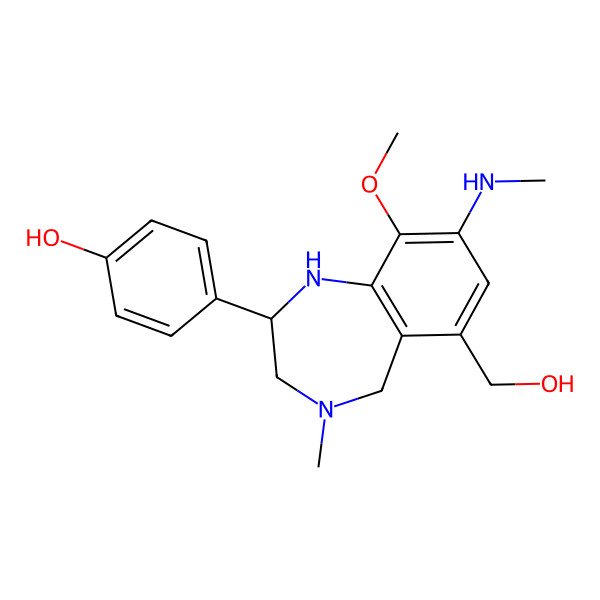 2D Structure of 4-[(2R)-6-(hydroxymethyl)-9-methoxy-4-methyl-8-(methylamino)-1,2,3,5-tetrahydro-1,4-benzodiazepin-2-yl]phenol