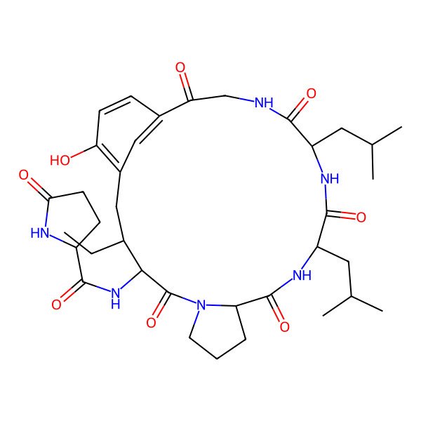 2D Structure of (2S)-N-[(3R,4S,10S,13S,16S)-3-ethyl-24-hydroxy-13,16-bis(2-methylpropyl)-5,11,14,17,20-pentaoxo-6,12,15,18-tetrazatricyclo[19.3.1.06,10]pentacosa-1(24),21(25),22-trien-4-yl]-5-oxopyrrolidine-2-carboxamide