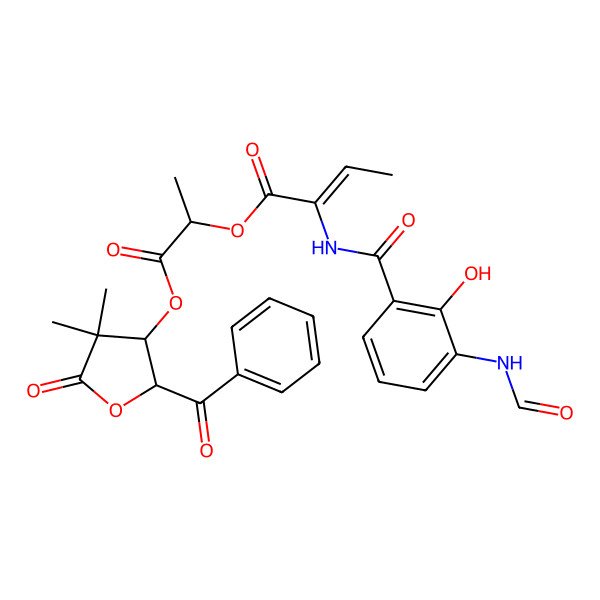 2D Structure of [1-[(2S,3R)-2-benzoyl-4,4-dimethyl-5-oxooxolan-3-yl]oxy-1-oxopropan-2-yl] (Z)-2-[(3-formamido-2-hydroxybenzoyl)amino]but-2-enoate