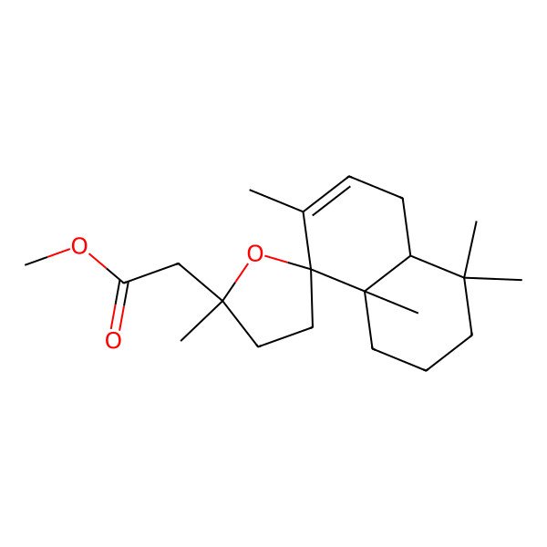 2D Structure of methyl 2-[(2'R,4aR,8S,8aR)-2',4,4,7,8a-pentamethylspiro[2,3,4a,5-tetrahydro-1H-naphthalene-8,5'-oxolane]-2'-yl]acetate
