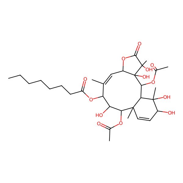 2D Structure of [(1S,2R,3S,4S,7S,8Z,10S,11R,12R,13S,16R,17S)-2,12-diacetyloxy-3,4,11,16,17-pentahydroxy-4,9,13,17-tetramethyl-5-oxo-6-oxatricyclo[11.4.0.03,7]heptadeca-8,14-dien-10-yl] octanoate