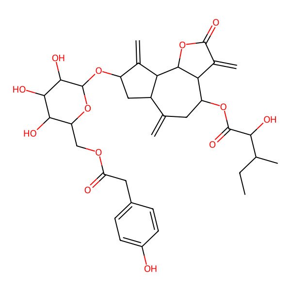 2D Structure of [(3aR,4R,6aR,8S,9aR,9bR)-3,6,9-trimethylidene-2-oxo-8-[(2R,3R,4S,5S,6R)-3,4,5-trihydroxy-6-[[2-(4-hydroxyphenyl)acetyl]oxymethyl]oxan-2-yl]oxy-3a,4,5,6a,7,8,9a,9b-octahydroazuleno[4,5-b]furan-4-yl] (2R,3S)-2-hydroxy-3-methylpentanoate