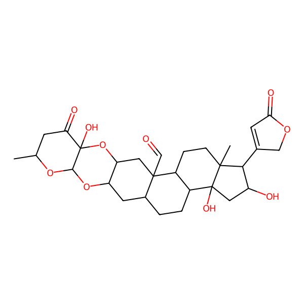 2D Structure of 10,20,22-trihydroxy-7,18-dimethyl-9-oxo-19-(5-oxo-2H-furan-3-yl)-4,6,11-trioxahexacyclo[12.11.0.03,12.05,10.015,23.018,22]pentacosane-14-carbaldehyde