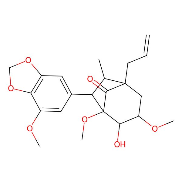 2D Structure of 2-Hydroxy-1,3-dimethoxy-7-(7-methoxy-1,3-benzodioxol-5-yl)-6-methyl-5-prop-2-enylbicyclo[3.2.1]octan-8-one