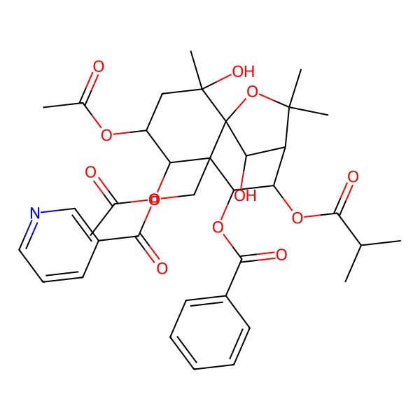 2D Structure of [4,5-Diacetyloxy-7-benzoyloxy-2,12-dihydroxy-2,10,10-trimethyl-8-(2-methylpropanoyloxy)-11-oxatricyclo[7.2.1.01,6]dodecan-6-yl]methyl pyridine-3-carboxylate