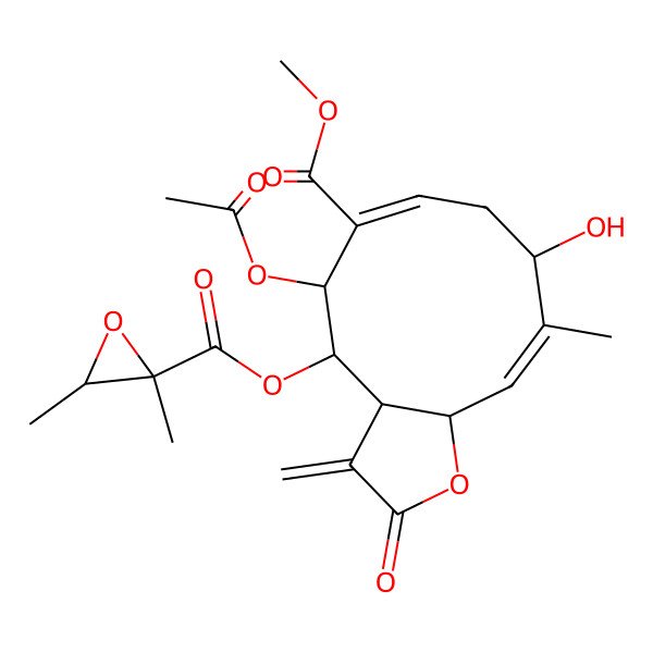 2D Structure of methyl (3aS,4S,5S,6E,9R,10E,11aR)-5-acetyloxy-4-[(2R,3R)-2,3-dimethyloxirane-2-carbonyl]oxy-9-hydroxy-10-methyl-3-methylidene-2-oxo-3a,4,5,8,9,11a-hexahydrocyclodeca[b]furan-6-carboxylate
