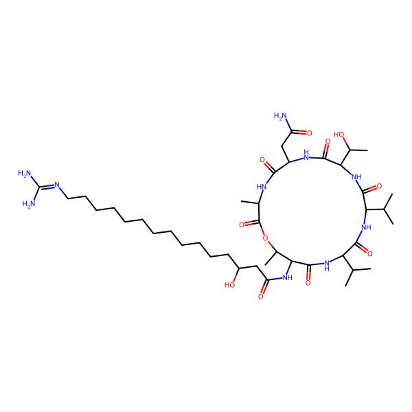 2D Structure of N-[6-(2-amino-2-oxoethyl)-9-(1-hydroxyethyl)-3,19-dimethyl-2,5,8,11,14,17-hexaoxo-12,15-di(propan-2-yl)-1-oxa-4,7,10,13,16-pentazacyclononadec-18-yl]-15-(diaminomethylideneamino)-3-hydroxypentadecanamide