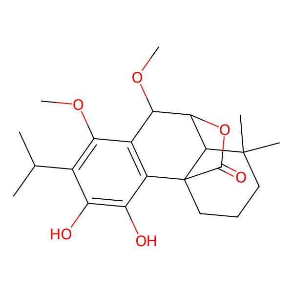 2D Structure of 2H-10,4a-(Epoxymethano)phenanthren-12-one, 1,3,4,9,10,10a-hexahydro-5,6-dihydroxy-8,9-dimethoxy-1,1-dimethyl-7-(1-methylethyl)-, [4aR-(4aalpha,9beta,10alpha,10abeta)]-